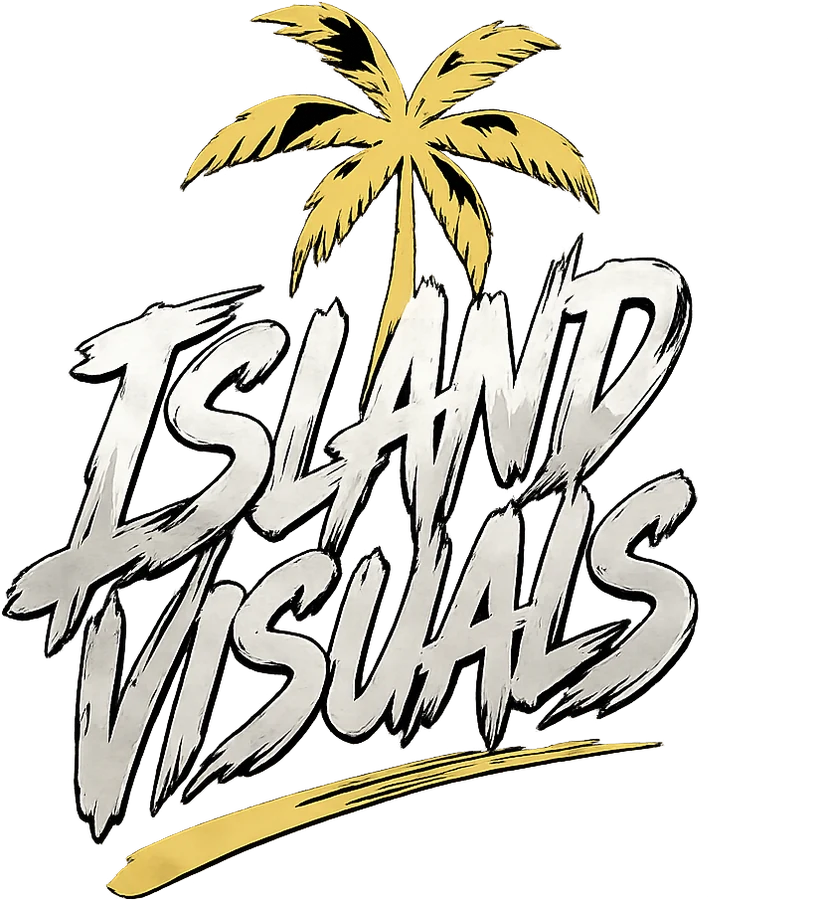 Island Visuals: gold palm tree over brush-painted lettering